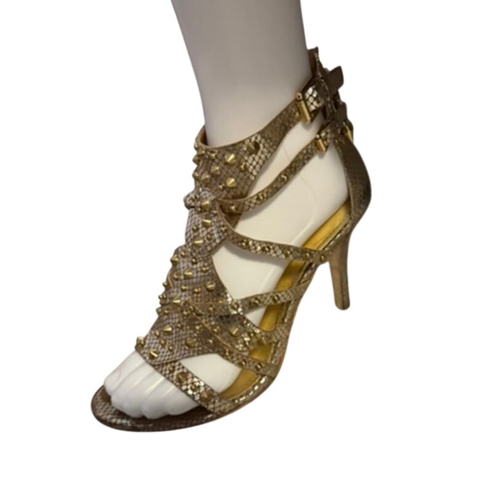 GUESS Gold Studded Strappy Heels Snake Embossed Leather Size 7.5 - Picture 2 of 10